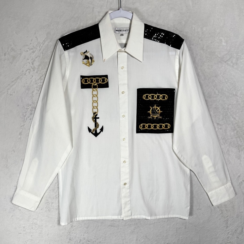 Vintage Men's Embroidered Nautical Chain Anchor Sailor Shirt‎ Size S 14 Novelty